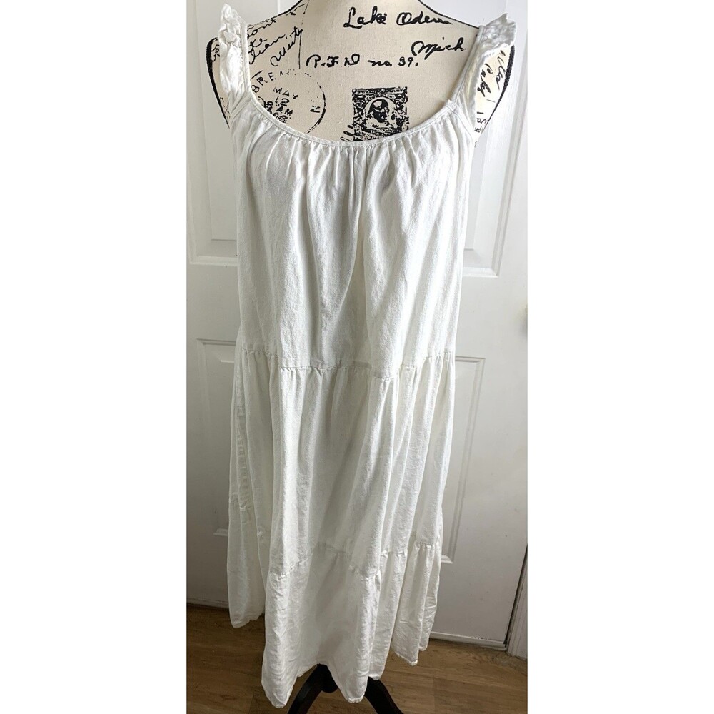 4Our Dreamers Dress M White Ruffle Sleeve Midi Linen Blend Sundress FLAW - Picture 2 of 12